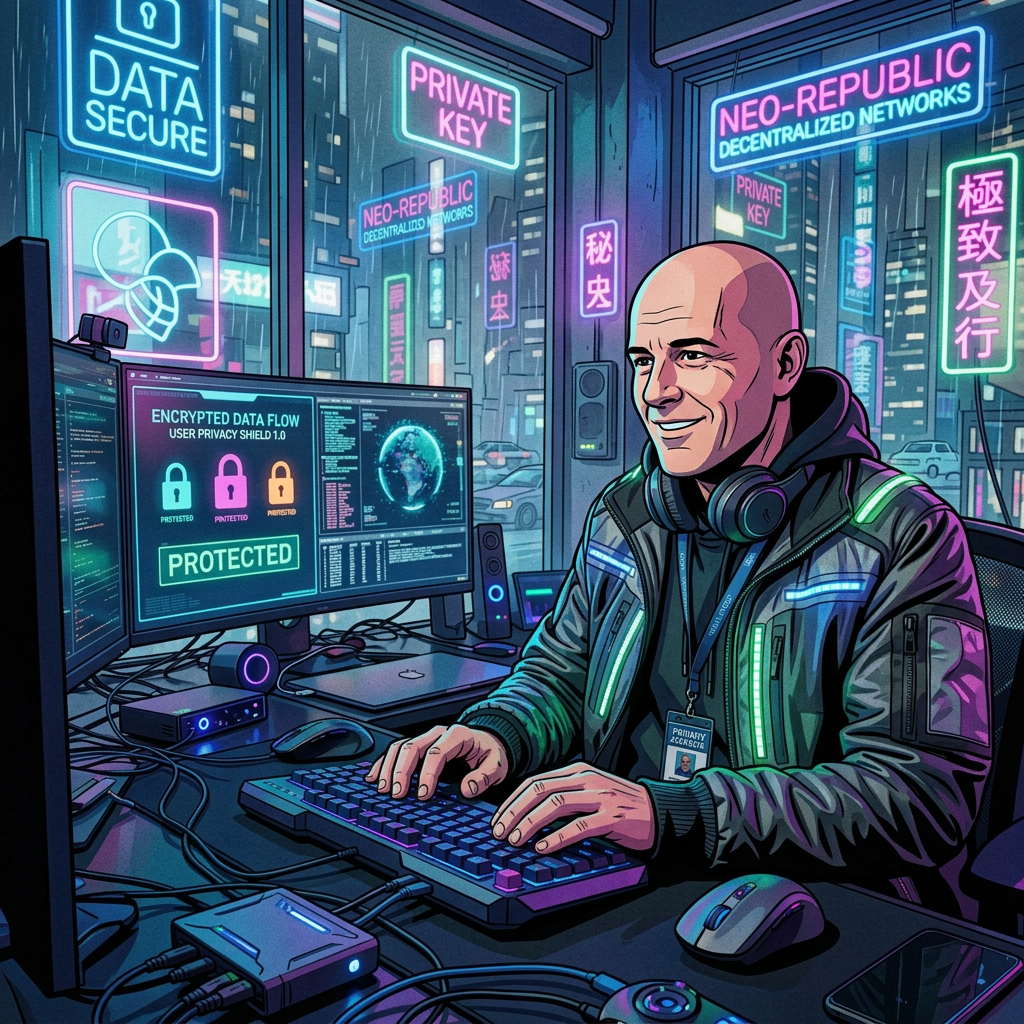 Cybersecurity worker monitors protected encrypted data flow amid neon privacy signs