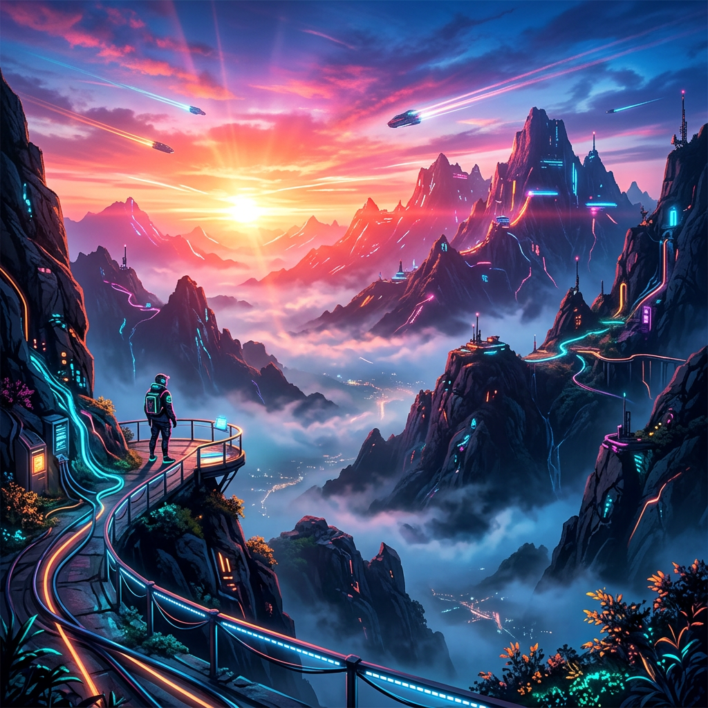 A traveler overlooks neon-lit mountains and flying craft at sunset